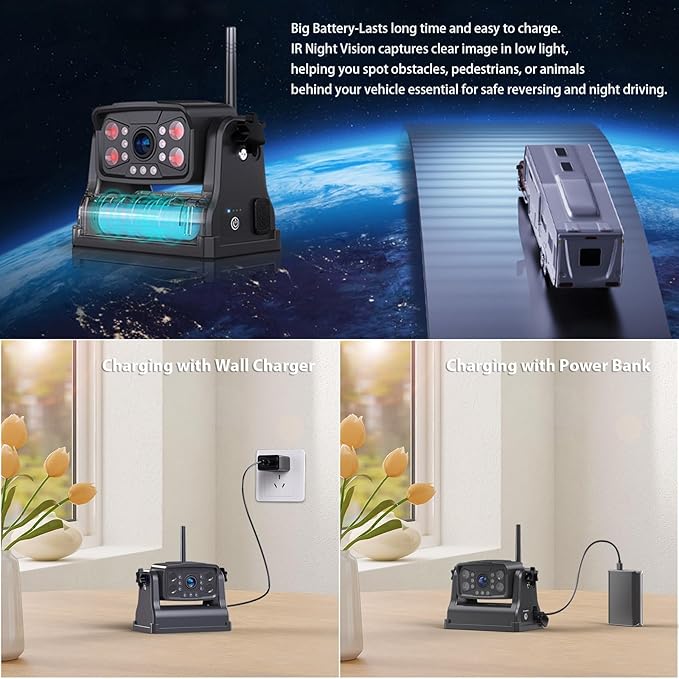ZEROXCLUB Magnetic Wireless RV Backup Camera System: Rear Camera with 7" HD 1080P DVR Monitor, DVR Monitor & IR Night Vision, Portable Rechargeable Camera for RV/Trailer/Fifth Wheels/Camper