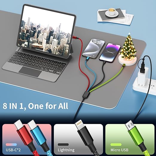Travel Essentials 4 in 2 Multi Charging Cable, USB A/C Charging Cords with Dual Type-C, USB Cable Phone Charger Compatible with Most Cell Phones/Tablets and More (2Pack, 5FT)