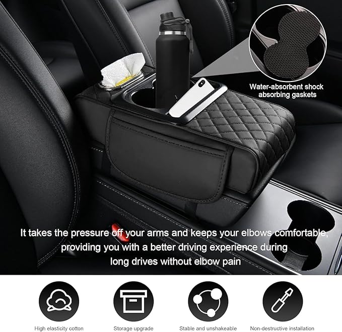 Priprilod Car Center Console Armrest Pillow, Leather Memory Foam Car Armrest Cushion with Cup Holder & Phone Holder, Universal Armrest Storage Box Protector for Most Vehicles, Car Accessories (Black)