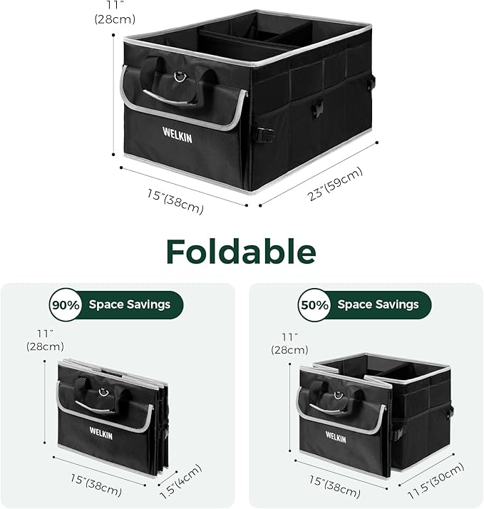 WELKIN 15GAL/60L Car Trunk Organizer with Lid & Dividers - Heavy Duty Collapsible Storage Organizer for SUV Sedan Truck - Waterproof Foldable Cargo Organizer for Groceries, Camping, Travel Accessories