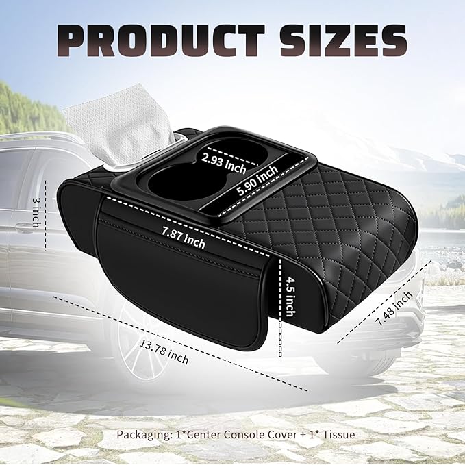 2026 New 5 in1 Car Armrest Storage Box,Multifunctional Leather Car Armrest Box Pad with Cup Holder & Phone Holder & Storage Bag,Comfortable Center Console Cover for Elbow Support