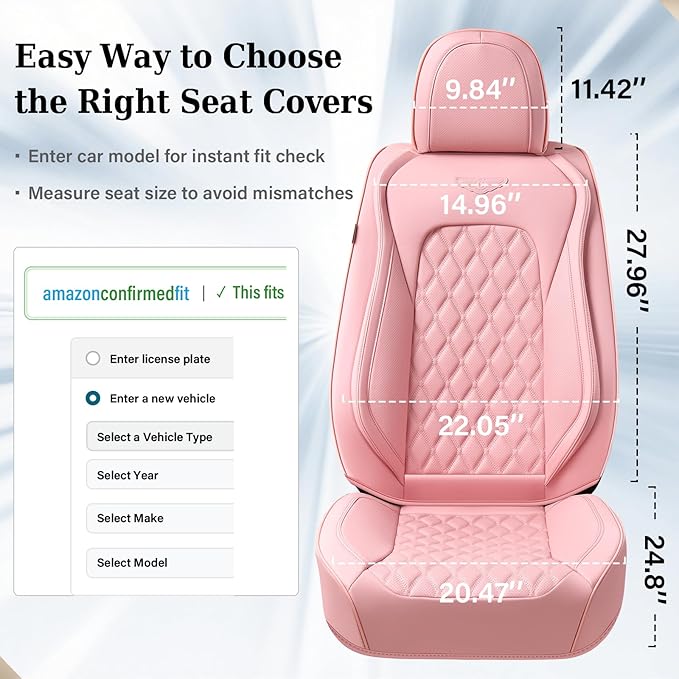 Coverado Full Set Car Seat Covers, Luxury Faux Leather Waterproof Seat Covers, Pink Car Seat Protectors, Universal Fit for Most Cars, Automotive Seat Covers-Pink