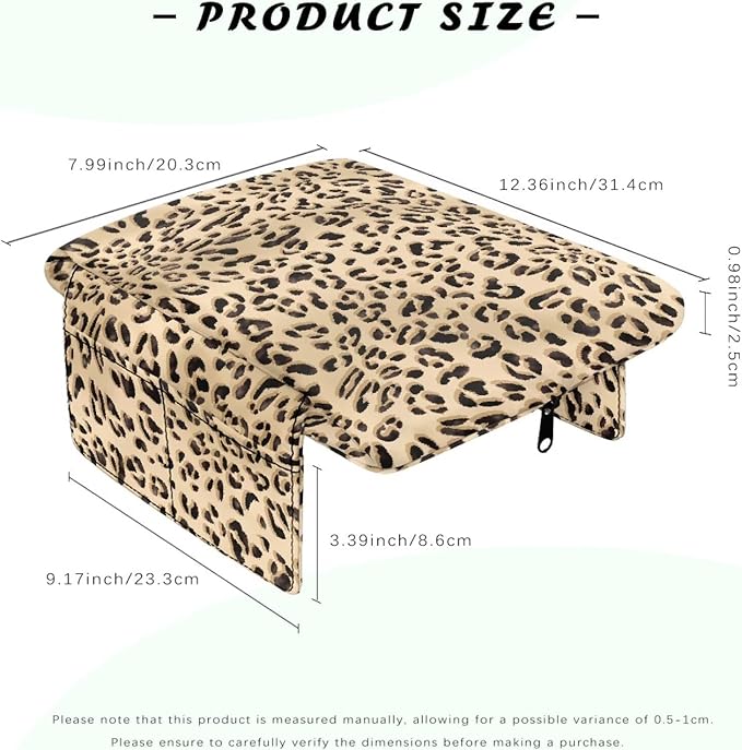 Car Center Console Cover, Leopard Print Soft and Comfortable Car Armrest Box Pad with 4 Storage Bags, Non-Slip Car Interior Accessories Arm Rest Cushion for Car Truck SUV Van