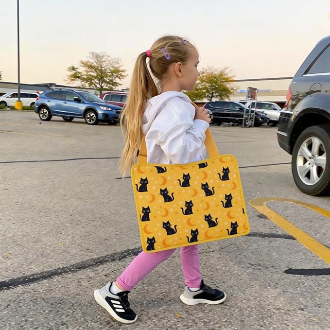MENZOKE Kids Travel Tray for Toddler Car Seat, Toddler Gift for Boy Activities with iPad Holder Stand & Storage Pockets, Road Trip Essentials Accessories Lap Tray as Travel Gifts for Kid, Yellow