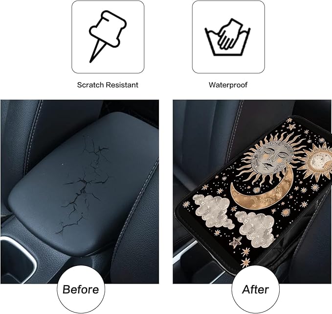 Car Armrest Cover Pads Universal Fashion Cute Auto Center Console Armrest Cover Pad with 2PCS Car Coasters Soft Waterproof Car Armrest Seat Protector for Women, Sun Moon Clouds Stars