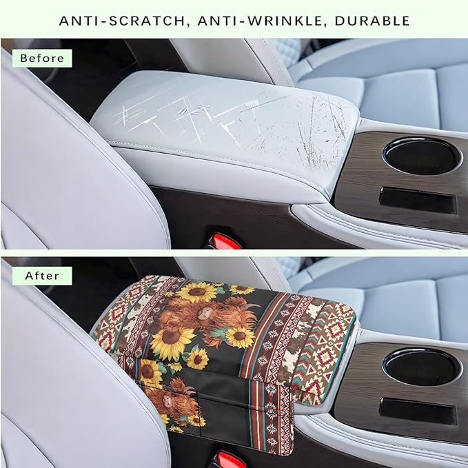 Wanyint Aztec Highland Cow Sunflower Center Console Cover Non-Slip Armrest Box Pad with 4 Storage Bags Comfortable Arm Rest Pad Middle Console Cushion Protector Auto Interior Accessories