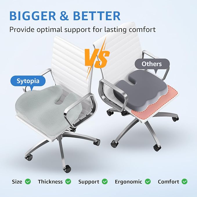 Sytopia Extra Large Office Chair Cushion, 19" x 17" Ergonomic Memory Foam Seat Cushion, Pressure Relief for Tailbone Pain, Sciatica & Hip Pain, Booster Pad for Sitting & Driving, Gray