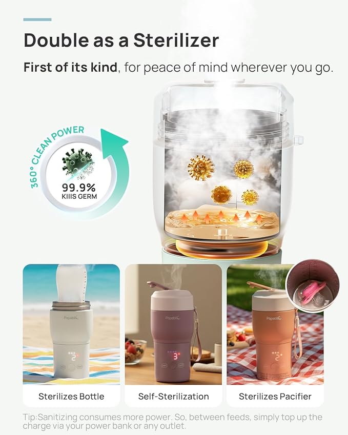 Papablic Pro Portable Bottle Warmer for Travel, Fast 2X Heating, Built-in Sterilizer, 5 Temp Settings, Water & Baby Milk & Formula Warmer on the Go, Smart Keep Warm, Lilac Purple