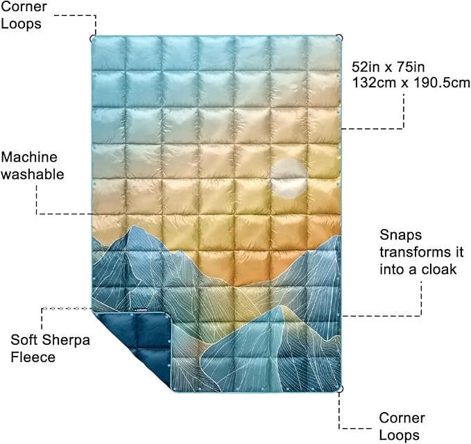 zzlamb Camping Blanket for Cold Weather,Outdoor Puffy Blanket Portable Down Alternative,Windproof Warm Cloak with Snaps,Cozy Quilt Backpacking Picnic RV Travel Plane Car Hammock Beach Climbing