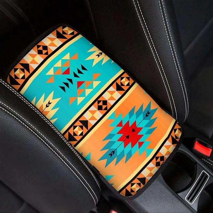 Dreaweet Aztec Tribal Pattern Car Center Console Armrest Pad,Navajo Ethnic Style Auto Seat Box Cover Protector,Hand Rest Cushion Protection Pad,Vehicles Interior Accessories Universal for Car,SUV