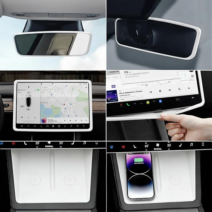 Farmogo Protector Trim Frame for 15.4'' Tesla Model Y & Model 3 Highland 2024-2026 Accessories with Wireless Silicone Charging Mat Screen Edge & Rearview Mirror Protector Frame (3PCS White)