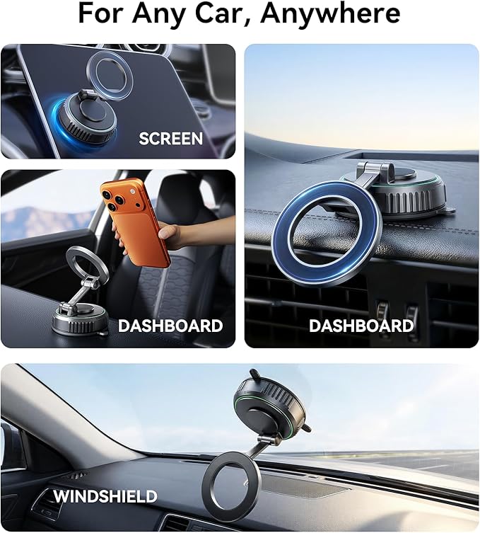 Rorhxia Car Phone Holder for Magsafe, [Enjoy Convenience, Flexibility, Stability], Foldable Vacuum Magnetic Phone Mount for Dashboard Windshield for Your Car Fit iPhone 17/16/15/14/13/12 Pro Max