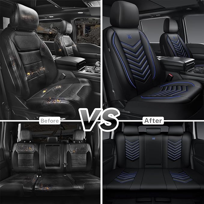 CAR PASS 3D Foam Faux Leather Car Seat Covers Full Set, Waterproof Leather Seat Cover for Cars, Luxury Universal Fit for SUV Truck Sedan Automotive, Armrest Airbag Compatible Anti-Slip, Black and Blue