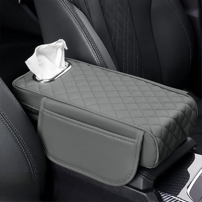 Car Center Console Cover for Fiat 500L (Type 330) 2012-2021, Leather Car Arm Rest Cover, Car Armrest Cushion with 2 Storage Bags Car Center Console Armrest Pad, E Gray