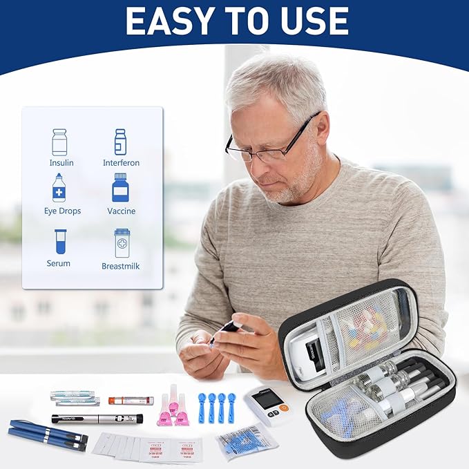 Insulin Cooler Travel Case, Portable Temperature Display Medicine Travel Cooler, Diabetes Case with 2 Reusable Ice Packs TSA Approved for Diabetic Supplies Patent Pending(Black)