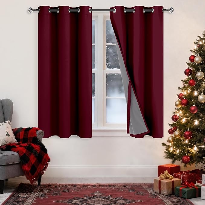 XWZO 100% Blackout Window Curtains- Thermal Insulated & Noise Reduction Black Liner Ring Top Window Treatment Sewn with Tiebacks for Bedroom/Living Room, Burgundy, W38 x L45, Set of 2