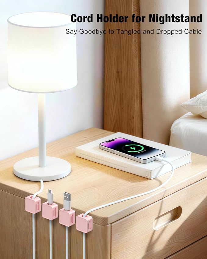 6 Pack Cord Holder, Strong Adhesive Desk Cord Organizer Magnetic Easy Open, Wire Holder Organizer Neatly for Home, Office, Car, Desk, Nightstand, Pink