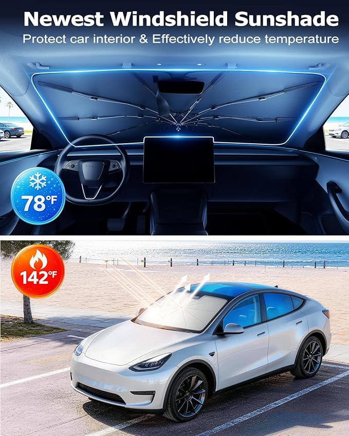 DMJN Umbrella Windshield Sun Shade for Ford F150 F250 F350 F450, Car Sunshade for Front Windshield [Nano Ice-Crystal Coatings] UPF50+ Heat & UV Block, Protect Interior & Keep Cooler