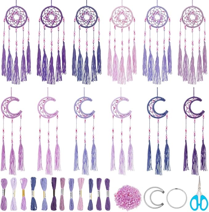 INFUNLY 12 Set DIY Mini Dream Catcher Small Galaxy Beaded Dreamcatcher Black Purple DIY Dream Catcher Making Kit Mini Dream Catcher Kit with Instruction for Car Mirror Ornament Home Birthday Decor