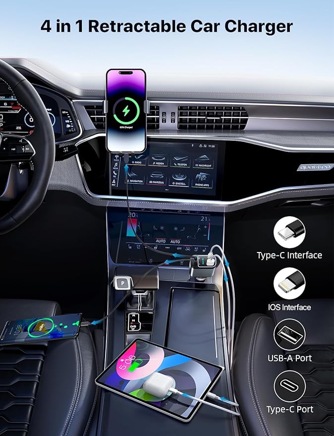 Starlight Retractable Car Charger with Retractable Cables, Starlight in Car Roof 4 in 1 Super Fast USB C Car Phone Charger, 2 USB Ports Starry Sky Adapter, Compatible with iPhone 17 16 15 14 13 12