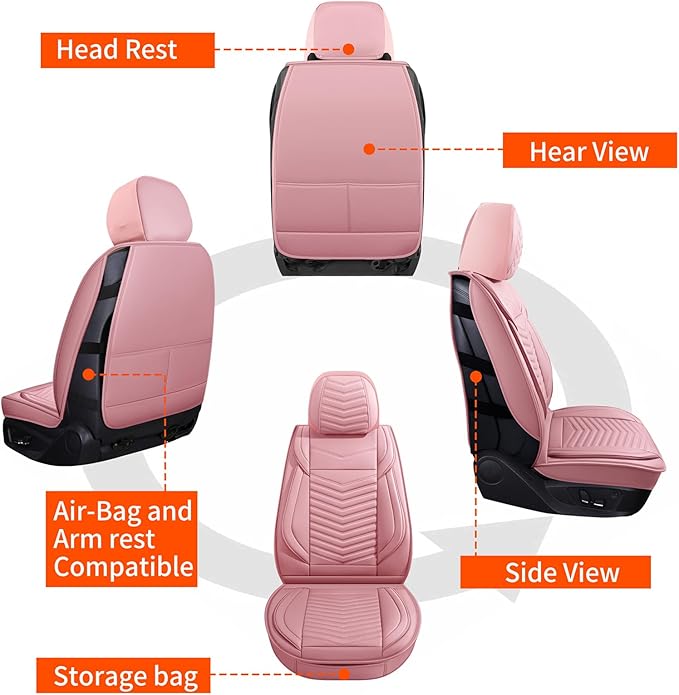 Nappa Leather Car Seat Covers Full Set, Pink Car seat Protector 5 Seats, Waterproof Car Seat Cushion, Universal Automotive Seat Covers Fit for SUV Truck Pick-up Sedan, Front and Rear