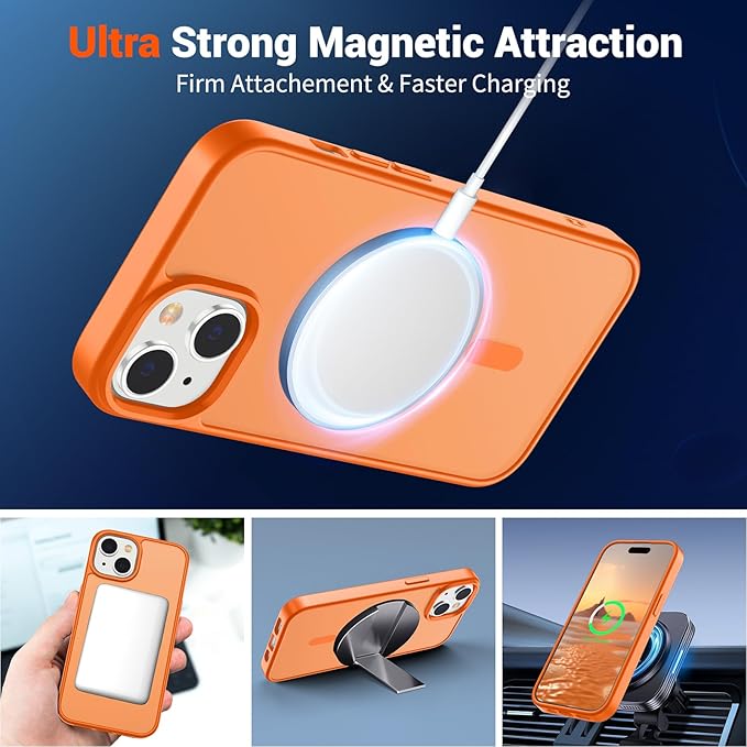 SUPFINE Magnetic for iPhone 15 Case with Screen Protector (Compatible with MagSafe) (Military Grade Drop Protection) Translucent Matte Shockproof Phone Cover,Starry Orange