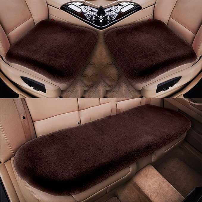 Plush Car Seat Cushion, Soft Warm Fuzzy Faux Rabbit Fur Fluffy Plush Auto Seat Cover Vehicle Car Front and Back Seat Protector Pad with Non-Slip Backing Cushion Interior Universal Fit (Brown,3PCS)