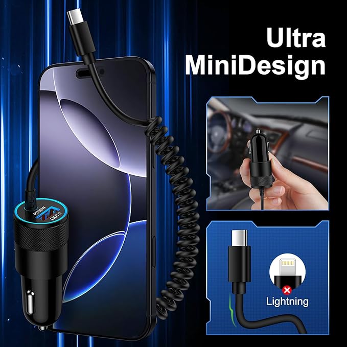 Type C Fast Car Charger for Galaxy A17/A56/A16/S26 Ultra/S26/S25 FE/S25/S24 Ultra/A15/A55/A54/A14 5G Pixel 10a 10 9 8 Pro iPhone 17 16e,QC3.0 18W Car Phone Charger Adapter PD30W USB C Coiled Cable 3FT
