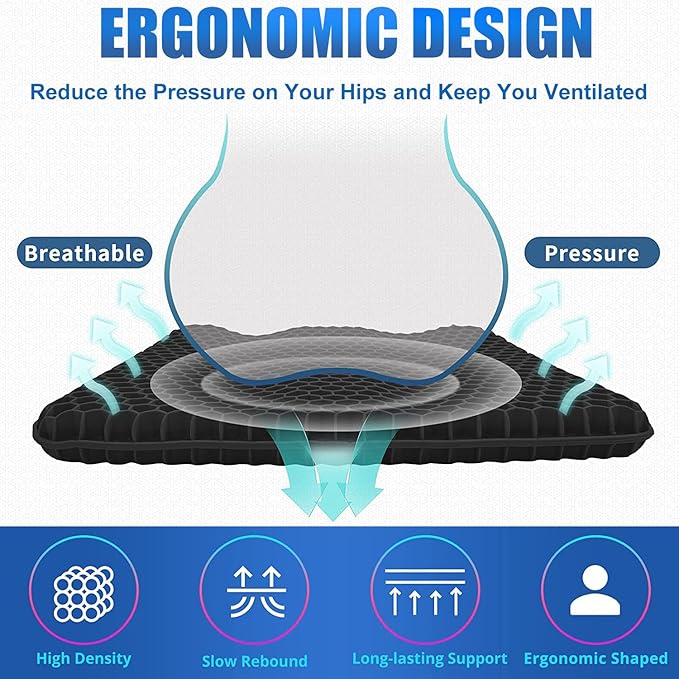20" Gel Seat Cushion for Long Sitting Pressure Relief(Jumbo&Thick) - Wheelchair Cushion for Pressure Sores - Back, Sciatica & Tailbone Pain Relief Cushion- Non-Slip Butt Pillow for Office, Home, Car