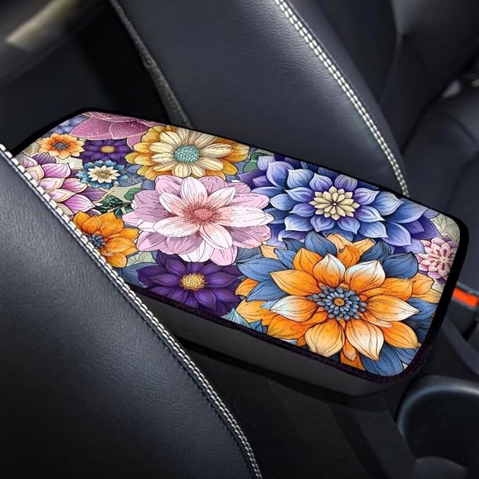 Coldinair Boho Flower Car Center Console Pad,Auto Interior Accessories Decoration,Auto Armrest Cover Protector for Most Vehicle, SUV, Truck, Car