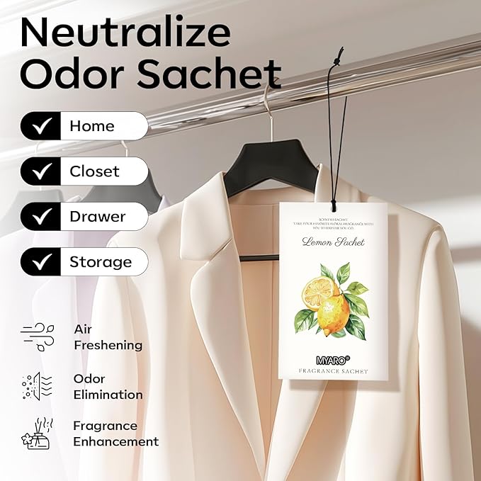 MYARO 12 Packs Lemon Scented Sachets for Drawer Closet Bathroom Odor Eliminator - Fresh Home Fragrance Car Air Frehener