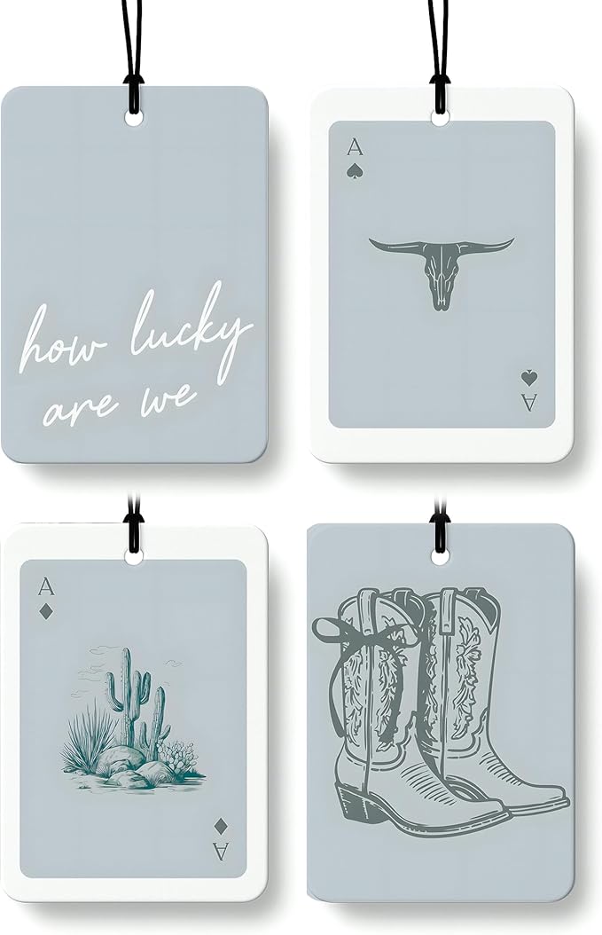 Boho Gray Western Car Air Freshener 4 Pcs, Preppy Cowgirl Cow Skull Cactus Ace Card Hanging Air Freshener for Cars Closet Drawer Books, Cute Western Car Accessories Mirror Decor for Women