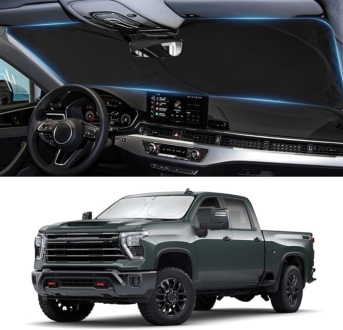 Sun Shade for Chevy Silverado/GMC Sierra Windshield Sunshade for 2019-2025 Sierra 2500 3500 HD, fit Chevrolet Silverado 1500, Regular Cab,2Dr 4Dr Front Window Cover Suncreen Shield Visor