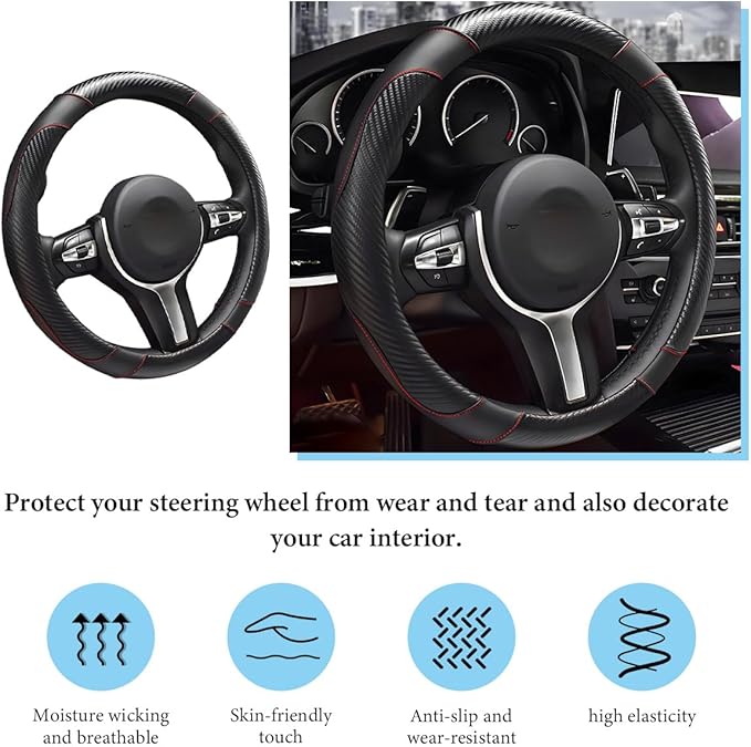 Car Steering Wheel Cover, 15 Inch Anti-Slip Stretch Leather Steering Wheel Protector, Comfortable Breathable Sporty Steering Wheel Cover for Women Men, Car Accessories (Black)