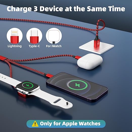 MPATIBY Multi Charging Cable for iWatch Charger, 3 in 1 Charging Cable USB Multiple Charger Cord for iWatch Ultra/SE/10-1, iPhone17-8, iPad, Android, Car, Cruise Essentials - 3Pcs 5FT