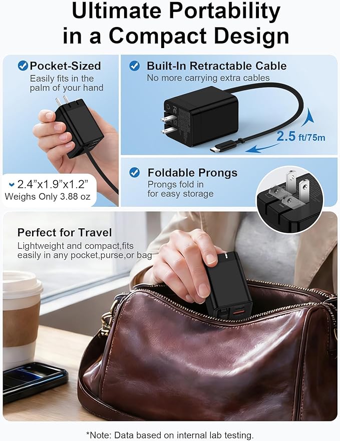 Retractable Car Charger USB-C for Samsung Galaxy S26 Ultra S26+ S25 S24 Apple iPhone 17e 17 Pro Max 16 Air, 47W Fast Car Charger Adapter + 35W Foldable Wall Plug - USB C Charging with Built-in Cables