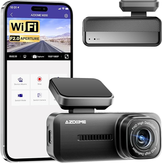 AZDOME M200 Mini Dash Cam WiFi Dashcam - Single Channel Dash Cam for Broad Road Coverage - Built-in WiFi - Full HD Resolution - Parking Monitor - App Connectivity - Collision Detection - Night Vision