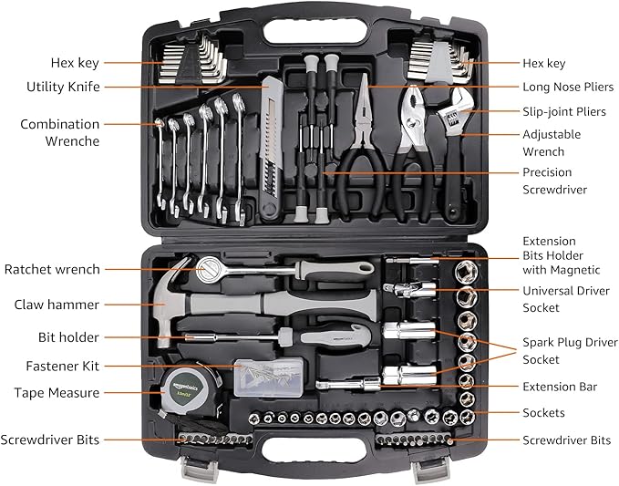 Amazon Basics 131-Piece General Household Hand Tool Set with Storage Case for Home Repair, Portable
