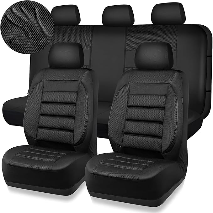 CAR PASS Breatherable Air Mesh Car Seat Covers Full Set, 3D Foam Back Support Automotive Seat Covers, All Season Car Seat Cover Fit Automotive,SUV,Sedan,Van, Airbag Compatible (Black)