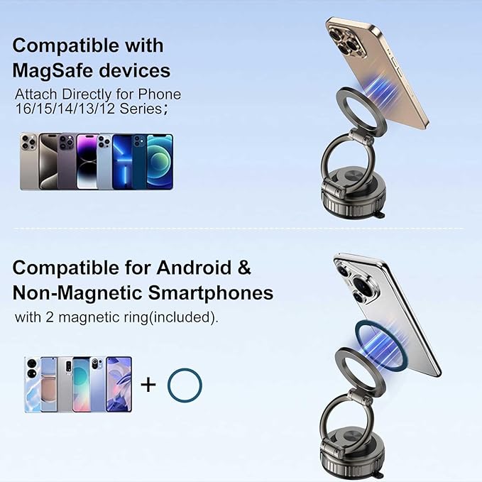 Kairiyard Phone Holders for Your Car, [80+LBS Strongest Suction & 2800gf Magnetic] 360° Adjustable Foldable Vacuum Magnetic Suction Car Cell Phone Holder Mount Compatible for MagSafe iPhone Car