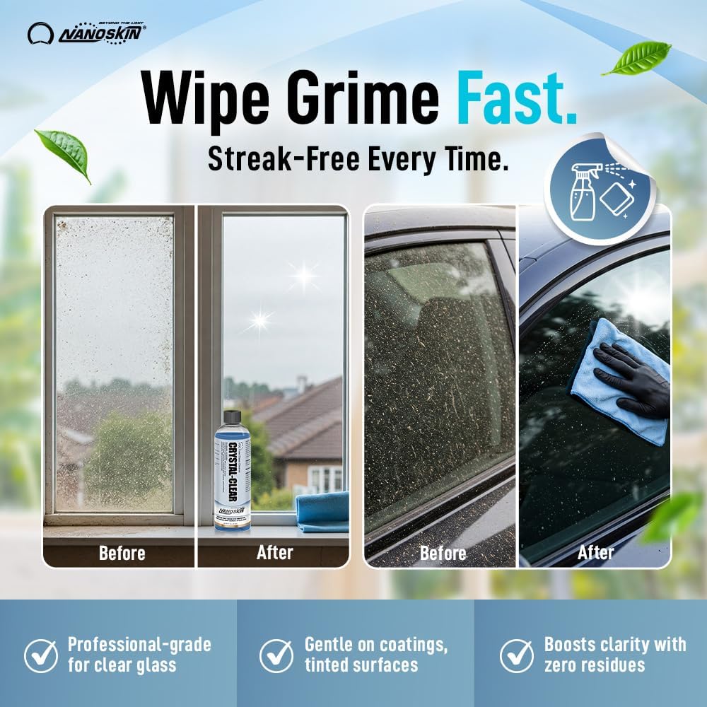 Nanoskin CRYSTAL-CLEAR VOC-Free Glass Cleaner 1 Gallon - Ultra-Concentrated, Eco-Friendly, Streak-Free Finish | Versatile Use for 40:1 Dilution | Perfectly Safe for Auto, Home, Garage & Beyond