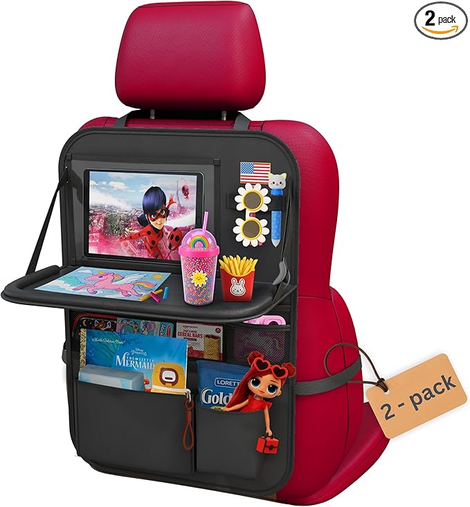 Car Backseat Organizer with Tablet Holder (2-pack) - Updated 2025 Oxford 600D Car Storage Organizer, Foldable Car Tray Kids, Road Trip Essentials, Back Seat Protector Kick Mats, Travel Accessories