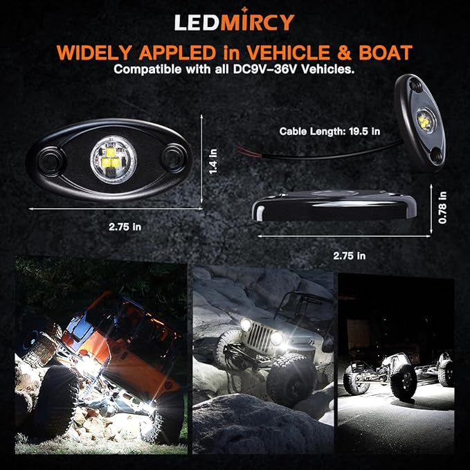 White Rock Lights,LEDMIRCY High Power Underbody Pure White LED Rock Lights for UTV Trucks Off Road RZR Auto Car Boat ATV SUV Waterproof High Power Neon Trail Rig Light Shockproof Pack of 20