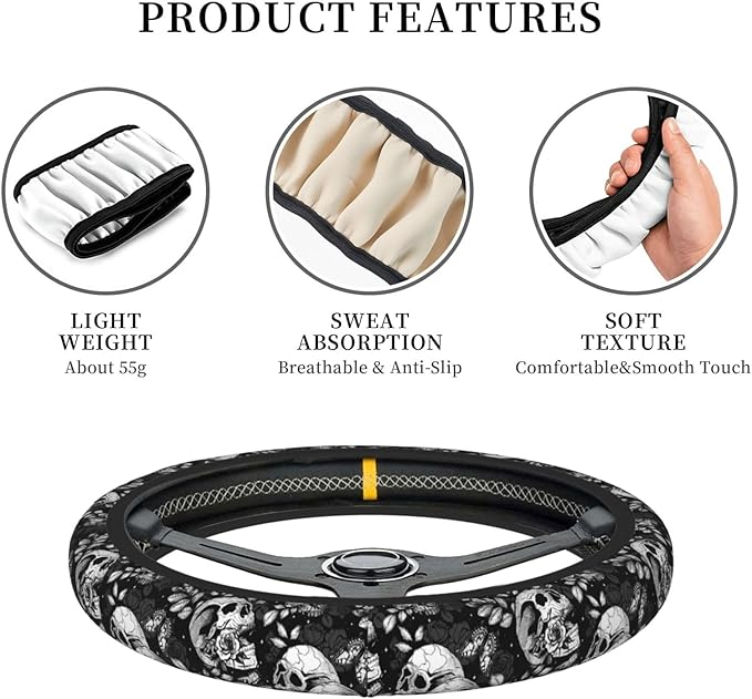 Flower Sugar Skull Steering Wheel Cover Women 15 inch Anti-Slip Sweat Absorption Steering Wheel Covers Cute Car Accessories Decor Car SUV Sedan Vans Truck Protector