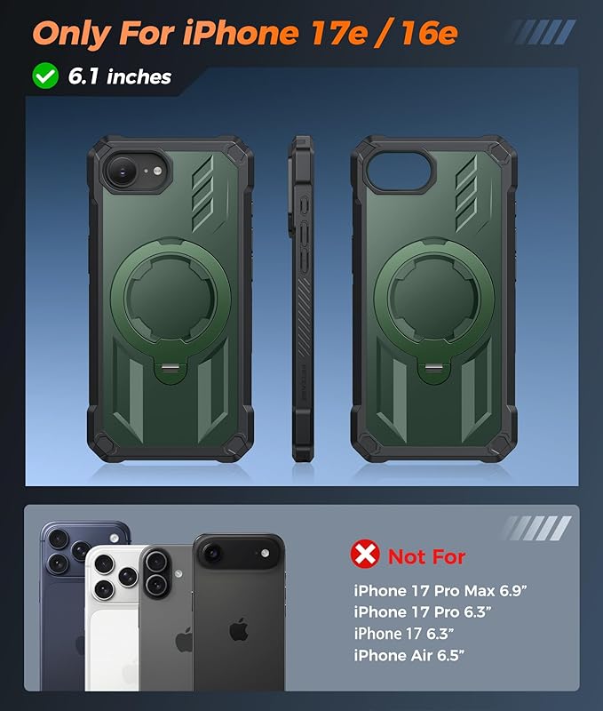 FNTCASE for iPhone 17e Phone Case: for iPhone 16e Case with [360 Spin Magnetic Ring Kickstand] [Compatible for MagSafe] [Screen Protector] Heavy Duty Military Grade Protection Case with Stand Green