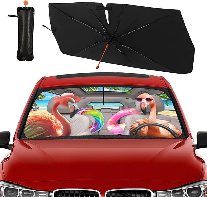 Socira Funny Flamingo Car Windshield Sun Shade Umbrella Foldable Sunshade for Front Window Auto Windshield Sunshade Covers Car Accessories Protect from Sun Rays Heat 57'' X 30''