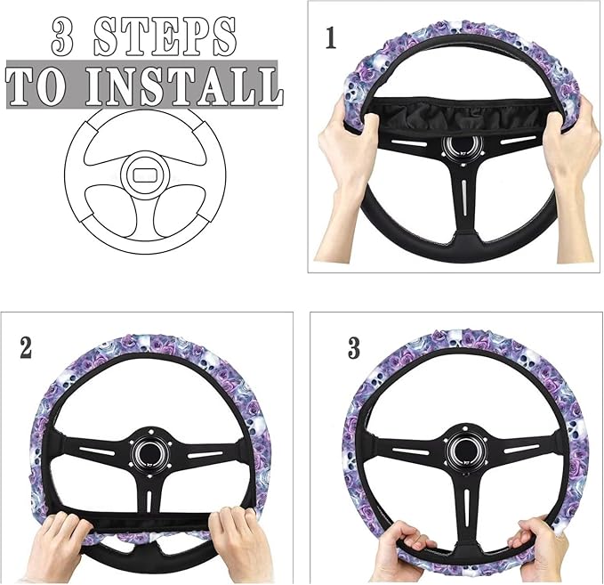 AFPANQZ Steering Wheel Protection for Automotive Steering Wheel Covers, Skull Purple Rose Sweat Absorption Comfort Grip for Driver Women Men