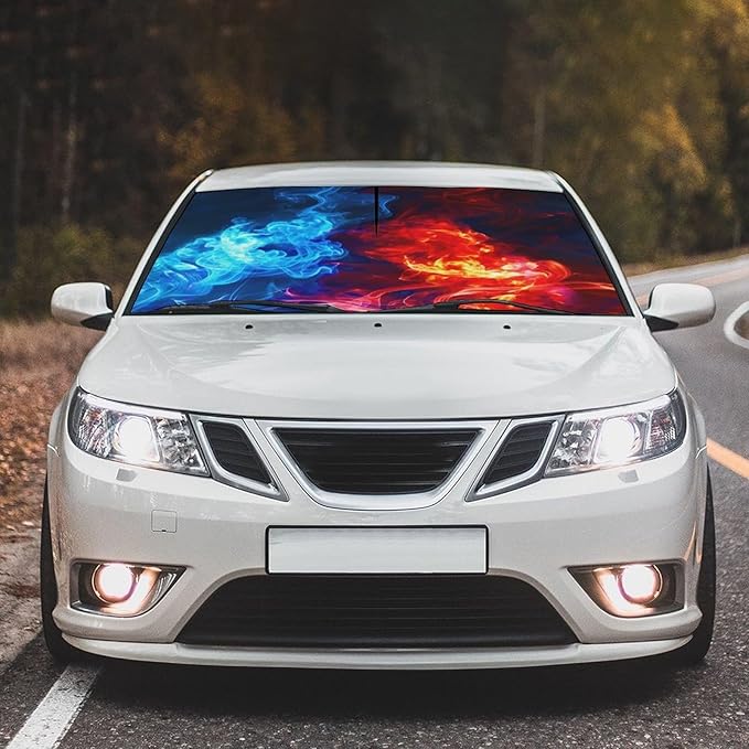 Socira Red Fire Blue Ice Car Windshield Sun Shade Umbrella Foldable Sunshade for Front Window Auto Windshield Sunshade Covers Car Accessories Protect from Sun Rays Heat 57'' X 30''