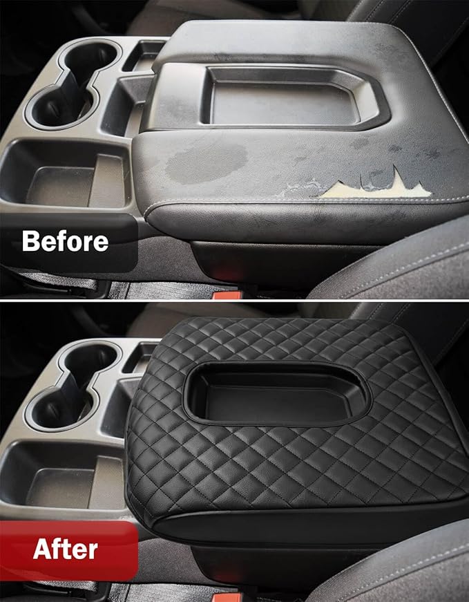 KBH Center Console Armrest Cover for GMC Sierra & Chevy Silverado 1500 2500 3500 2019-2026, Middle Console Lid Protector, Middle Cut, Vinyl Leather, Black (Fits Jump Seat Console Only)