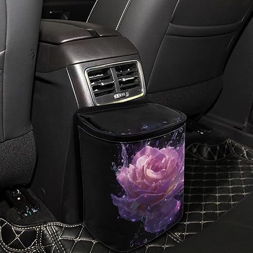 Purple Rose Car Trash Can with Lid, Cute Leakproof Car Trash Garbage Bag Hanging Vehicle Trash Bin Small Portable Automotive Garbage Cans Organizer for Back/Front Seat/Console